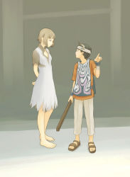 Rule 34 | 1boy, 1girl, arms behind back, bandages, barefoot, black hair, brown eyes, brown hair, dress, feet, flash tomo, headband, horns, ico, ico (character), pointing, pointy ears, poncho, sandals, short hair, standing, stick, surcoat, tabard, weapon, white dress, yorda