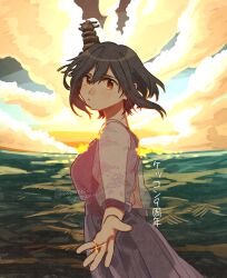 1girl alternate_costume black_hair blue_sky cloud commentary_request cowboy_shot dress grey_dress headgear horizon jewelry kantai_collection ocean outdoors reaching reaching_towards_viewer red_eyes ring sagamiso shirt short_hair sky solo translation_request wedding_ring white_shirt yamashiro_(kancolle)