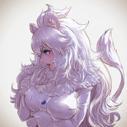 Rule 34 | 10s, 1girl, animal ear fluff, animal ears, blouse, blue eyes, breast hold, breast pocket, breasts, buttons, fang, finger to mouth, fur-trimmed sleeves, fur collar, fur trim, gloves, hand up, highres, jacket, kemono friends, large breasts, licking, licking finger, lion ears, lion tail, long hair, long sleeves, looking afar, md5 mismatch, open mouth, pocket, profile, realistic, resolution mismatch, shirt, solo, source smaller, tail, takami masahiro, tongue, upper body, very long hair, white hair, white jacket, white lion (kemono friends), white shirt, white theme