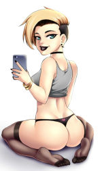 Rule 34 | 1girl, aqua eyes, ass, back, blonde hair, cellphone, choker, earrings, feet, heart, heart print, jewelry, lipstick, looking at viewer, makeup, nail polish, necklace, no shoes, phone, short hair, sitting, smile, soles, solo, thighhighs, thong, toes, zeshgolden