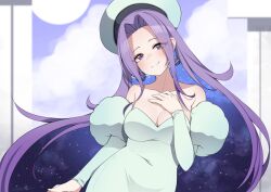 Rule 34 | 1girl, absurdres, bare shoulders, beret, breasts, cleavage, collarbone, commission, detached sleeves, dress, green dress, green sleeves, hand on own chest, hat, highres, indie virtual youtuber, long hair, planet earrings, purple eyes, purple hair, rhys galaxia (vtuber), sleeveless, sleeveless dress, smile, solo, starry sky print, strapless, strapless dress, valefal coneri, virtual youtuber