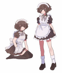 Rule 34 | 1girl, 2girls, akiyama yukari, alternate costume, apron, back bow, black dress, black footwear, black thighhighs, bow, bowtie, brown eyes, brown hair, closed mouth, commentary, dress, enmaided, frilled dress, frills, girls und panzer, grey bow, grey bowtie, highres, kneeling, large bow, loafers, looking at viewer, maid, maid apron, maid headdress, messy hair, multiple girls, multiple views, puffy short sleeves, puffy sleeves, ri (qrcode), shoes, short dress, short hair, short sleeves, simple background, skirt hold, smile, socks, standing, thighhighs, white apron, white background, white socks