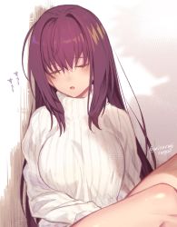 Rule 34 | 1girl, breasts, commentary request, closed eyes, fate/grand order, fate (series), hair intakes, highres, large breasts, long hair, long sleeves, mitsurugi sugar, open mouth, purple hair, ribbed sweater, scathach (fate), scathach (fate), signature, sleeping, sleeping upright, solo, sweater, turtleneck, turtleneck sweater