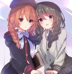 Rule 34 | 2girls, :o, ahoge, beret, black coat, blouse, blue bow, blue neckwear, blush, book, bow, braid, brown hair, cardigan, coat, collared shirt, diagonal-striped clothes, diagonal-striped necktie, diagonal-striped neckwear, grey cardigan, hair between eyes, hair over shoulder, hat, highres, hood, hood down, hooded coat, long hair, long sleeves, looking at viewer, low twintails, misukon, multiple girls, necktie, parted lips, princess connect!, purple eyes, purple headwear, shirt, sleeves past wrists, smile, striped clothes, striped neckwear, twin braids, twintails, white shirt, yuni (princess connect!), yuni (real) (princess connect!)