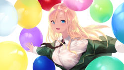 Rule 34 | 1girl, balloon, black necktie, blonde hair, blue eyes, boku wa tomodachi ga sukunai, breasts, cait aron, green jacket, highres, jacket, kashiwazaki sena, large breasts, long hair, long sleeves, looking at viewer, necktie, open mouth, outstretched arms, school uniform, shirt, simple background, smile, solo, st. chronica academy school uniform, white background, white shirt