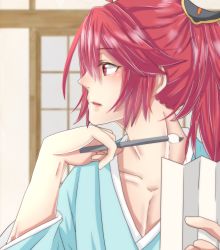Rule 34 | 1boy, absurdres, calligraphy brush, fire emblem, fire emblem fates, highres, japanese clothes, male focus, nintendo, paintbrush, red eyes, red hair, reosan, solo, subaki (fire emblem)