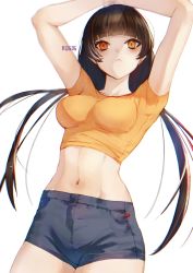 Rule 34 | 1girl, arms up, bad id, bad pixiv id, blouse, blue shorts, blunt bangs, brown hair, character name, closed mouth, commentary request, cowboy shot, crop top, frown, girls&#039; frontline, heterochromia, highres, long hair, midriff, multicolored hair, navel, orange shirt, red eyes, ro635 (girls&#039; frontline), shirt, shorts, simple background, solo, streaked hair, twintails, white background, white hair, xanax025, yellow eyes
