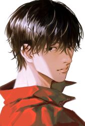 Rule 34 | 1boy, absurdres, bishounen, black eyes, black hair, chainsaw man, collared jacket, expressionless, fangs, hair between eyes, highres, jacket, looking at viewer, male focus, mole, mole under mouth, ndsoda, portrait, red jacket, short hair, solo, white background, yoshida hirofumi