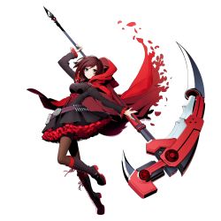 Rule 34 | 1girl, arc system works, bandolier, black footwear, black hair, black pantyhose, blazblue, blazblue: cross tag battle, boots, brown hair, cloak, crescent rose, cross-laced footwear, flower, full body, grey eyes, highres, higuchi konomi, hood, hooded cloak, lace-up boots, official art, pantyhose, petals, petticoat, pouch, red hood, rose, rose petals, ruby rose, rwby, scythe, short hair, simple background, smile, solo, white background
