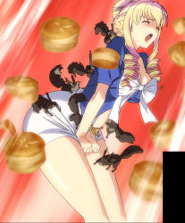 Rule 34 | 10s, 1girl, animal, bertille althusser, blonde hair, blush, breasts, closed eyes, food, highres, large breasts, miniskirt, open mouth, skirt, solo, squirrel, standing, stitched, third-party edit, walkure romanze