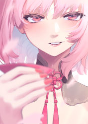 Rule 34 | 1girl, absurdres, blurry, blurry foreground, cup, depth of field, detached collar, flower knot, hand up, highres, holding, holding cup, hololive, hololive english, looking at viewer, mikan (chipstar182), mori calliope, nail polish, parted lips, pink hair, portrait, red eyes, red nails, sakazuki, short hair, smile, solo, tassel, virtual youtuber