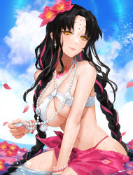 Rule 34 | 1girl, bare shoulders, bikini, black hair, blue sky, blush, bracelet, braid, breasts, chest tattoo, cleavage, closed mouth, collarbone, earrings, facial mark, fate/grand order, fate (series), flower, forehead mark, forehead tattoo, hair flower, hair ornament, highres, jewelry, large breasts, long hair, looking at viewer, multicolored hair, nail polish, navel, necklace, nima (niru54), parted bangs, pearl bracelet, pearl necklace, pink hair, sarong, sessyoin kiara, sesshouin kiara (swimsuit), sessyoin kiara (swimsuit mooncancer), sessyoin kiara (swimsuit mooncancer) (first ascension), sky, smile, streaked hair, swimsuit, tattoo, thighs, twin braids, underboob, wavy hair, white bikini