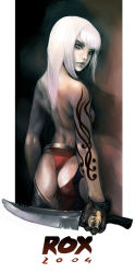 Rule 34 | 1girl, back, character request, gloves, knife, looking back, ongaro, panties, red eyes, solo, source request, sword, tattoo, topless, underwear, weapon, white hair