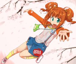 Rule 34 | 00s, 1girl, brown hair, cherry blossoms, dutch angle, idolmaster, idolmaster (classic), kneehighs, outstretched arms, petals, petite, pop socks, popsocks, raglan sleeves, shoes, socks, solo, spread arms, suspenders, takatsuki yayoi, ttomm, twintails