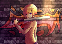 Rule 34 | 1girl, absurdres, bad id, bad pixiv id, baseball bat, breasts, brick wall, brown shirt, commentary request, graffiti, hair between eyes, hand up, highres, holding, holding baseball bat, long sleeves, looking at viewer, looking to the side, mask, mask pull, metal baseball bat, mouth mask, orange hair, original, parted lips, pleated skirt, purple eyes, purple skirt, shirt, skirt, small breasts, solo, surgical mask, teshu, upper body