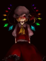 Rule 34 | 1girl, aosaki, ascot, bad id, bad pixiv id, blouse, blue hair, collared shirt, embodiment of scarlet devil, female focus, flandre scarlet, hair over one eye, hat, mob cap, red eyes, shirt, side ponytail, solo, touhou, white hat, white shirt, wings