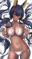 Rule 34 | 1girl, animal ears, anubis (mythology), bikini, black hair, blurry, blush, breasts, closed mouth, clothes lift, commentary request, contrapposto, cowboy shot, dark-skinned female, dark skin, depth of field, floating hair, gluteal fold, groin, hair between eyes, hair ornament, head tilt, highres, jackal ears, jackal girl, large breasts, long hair, looking at viewer, low twintails, neckerchief, original, purple eyes, shirt, side-tie bikini bottom, simple background, skindentation, smile, solo, standing, swimsuit, thighs, twintails, untue, very long hair, water drop, white background, white bikini, white shirt, yellow neckerchief