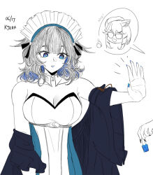 Rule 34 | 2girls, arknights, bare shoulders, blue eyes, blue hair, blue nails, breasts, cleavage, detached sleeves, dokonjou (odossan), dress, holding, kjera (arknights), kjera (ingenious servant) (arknights), limited palette, maid, maid headdress, multiple girls, nail polish, official alternate costume, parted lips, short hair, simple background, strapless, strapless dress, upper body, utage (arknights), white background