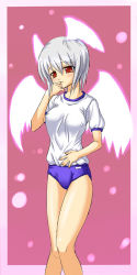 Rule 34 | 1girl, alternate costume, blush, border, breasts, buresu, buruma, covered erect nipples, embarrassed, final fantasy, final fantasy tactics, glowing, glowing wings, grey hair, gym uniform, hair between eyes, hand on own stomach, hand to own mouth, head wings, legs together, looking at viewer, outside border, parted lips, pink background, purple buruma, shirt, short hair, short sleeves, simple background, solo, standing, ultima (fft), wings
