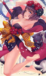 Rule 34 | 1girl, armpits, arms behind head, arms up, bare shoulders, barefoot, black kimono, blue eyes, blush, breasts, calligraphy brush, cleavage, collarbone, fate/grand order, fate (series), feet, fine art parody, flower, giant brush, hair flower, hair ornament, hairpin, highres, hip focus, ink, japanese clothes, katsushika hokusai (fate), kimono, l.bou, legs, looking at viewer, md5 mismatch, medium breasts, nihonga, obi, octopus, off shoulder, open mouth, paintbrush, parody, purple hair, red kimono, resolution mismatch, sash, short hair, smile, solo, source smaller, swept bangs, thighs, ukiyo-e, wide sleeves