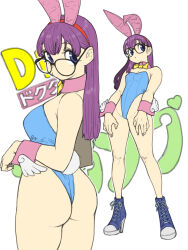 Rule 34 | 1girl, absurdres, animal ears, ass, bare shoulders, blue eyes, blue leotard, bow, bowtie, breasts, cleavage, cowboy shot, detached collar, dr. slump, fake animal ears, full body, glasses, high heels, highres, leotard, long hair, medium breasts, norimaki arale, playboy bunny, purple hair, rabbit ears, rabbit tail, shoes, simple background, sneakers, solo, strapless, strapless leotard, tail, thighs, toshinoshin, wing ornament, wrist cuffs
