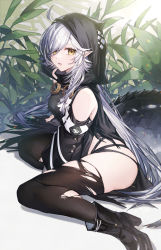 Rule 34 | 1girl, ahoge, arknights, bare shoulders, black footwear, black thighhighs, boots, commentary, coyucom, crocodilian tail, high heel boots, high heels, highres, hood, long hair, looking at viewer, parted lips, pointy ears, silver hair, sitting, solo, tail, thighhighs, thighs, tomimi (arknights), yellow eyes