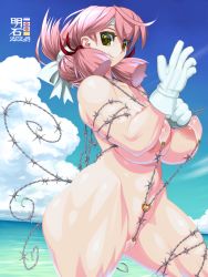 Rule 34 | 1girl, akashi (kancolle), barbed wire, breasts, closed mouth, denkou nyako, gloves, green eyes, hair ribbon, highres, huge breasts, kantai collection, navel, nipples, nude, outdoors, pink hair, ribbon, shiny skin, sky, solo, standing, thighs, uncensored