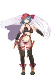 Rule 34 | 1girl, bandana, bare shoulders, blue eyes, blue hair, boots, breasts, brown gloves, choker, cloak, cypria (sennen sensou aigis), feet, full body, gloves, groin, headband, holding, large breasts, legs, looking at viewer, matching hair/eyes, navel, sennen sensou aigis, short hair, smile, solo, standing, thighhighs, thighs, thong, transparent background, white background