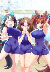 Rule 34 | 3girls, @ @, ahoge, animal ears, antenna hair, beret, blue bow, blue ribbon, blunt bangs, bow, braid, braided ponytail, breasts, brown hair, chestnut mouth, commentary, competition school swimsuit, covered navel, daiwa scarlet (umamusume), ear covers, ear ribbon, fang, feet out of frame, groin outline, hair between eyes, hair bobbles, hair bow, hair intakes, hair ornament, hairband, hat, highres, hokko tarumae (umamusume), horse ears, horse girl, horse tail, long hair, marusan (marusant03), medium breasts, meisho doto (umamusume), multicolored hair, multiple girls, one eye closed, open mouth, orange bow, pink hairband, pointing, pool, purple eyes, ribbon, school swimsuit, single braid, skin fang, swimsuit, tail, teeth, tile floor, tiles, twintails, two-tone hair, umamusume, upper teeth only, very long hair, white hair, white headwear