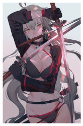 Rule 34 | 1girl, ahoge, belt, bikini, black bikini, black choker, black gloves, black jacket, breasts, choker, cleavage, commentary request, fate/grand order, fate (series), gloves, grey hair, holding, holding sword, holding weapon, jacket, jeanne d&#039;arc alter (swimsuit berserker) (fate), jeanne d&#039;arc (fate), jeanne d&#039;arc alter (fate), jeanne d&#039;arc alter (swimsuit berserker) (fate), katana, long hair, looking at viewer, mouth hold, o-ring, o-ring bikini, orange eyes, salmon88, shrug (clothing), solo, swimsuit, sword, very long hair, weapon