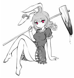 Rule 34 | 1girl, animal ears, barefoot, rabbit ears, dress, full body, greyscale, hammer, kine, crossed legs, looking at viewer, mallet, monochrome, no nose, raptor7, red eyes, seiran (touhou), short dress, sitting, solo, spot color, stain, touhou
