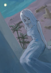 Rule 34 | 1girl, arm support, arms at sides, breasts, closed eyes, closed mouth, commentary request, desert, dress, hair between eyes, highres, medium breasts, moon, night, night sky, original, palm tree, single strap, sitting, sitting in window, sky, solo, star (sky), starry sky, strapless, strapless dress, tree, turquoise iro, white dress, white hair, windowsill