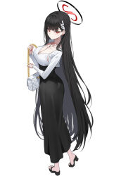 Rule 34 | 1girl, black hair, black skirt, blue archive, blush, breasts, cleavage, dongtan dress, full body, hair ornament, hairclip, halo, highres, k pring, large breasts, long hair, long skirt, long sleeves, looking at viewer, meme attire, red eyes, rio (blue archive), shirt, skirt, solo, very long hair, white shirt