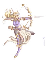 Rule 34 | 1girl, aiming, armor, armored boots, armored dress, arrow (projectile), blonde hair, boots, bow, cleru (cleruuuuu), feathers, gem, gloves, gold trim, helmet, highres, purple armor, silmeria valkyrie, valkyrie, valkyrie profile (series), winged helmet