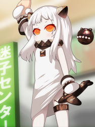Rule 34 | 10s, 1girl, abyssal ship, aircraft, airplane, colored skin, dress, fu zen, holding hands, holding, horns, kantai collection, long hair, looking at viewer, mitsume (kiiro9), mittens, northern ocean princess, orange eyes, solo, solo focus, translation request, white dress, white hair, white skin