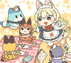 Rule 34 | 1girl, :3, alternate costume, animal ears, apron, black dress, blonde hair, bow, bowtie, caracal (kemono friends), cattail, character doll, common raccoon (kemono friends), dress, enmaided, extra ears, fennec (kemono friends), frilled apron, frilled dress, frills, japari symbol, kemono friends, kemono friends 3, kuro shiro (kuro96siro46), lucky beast (kemono friends), maid, maid apron, maid headdress, open mouth, picnic, plant, red neckwear, serval (kemono friends), serval print, serval tail, short hair, standing, standing on one leg, tail, translation request, tray, white apron, white legwear, white serval (kemono friends)
