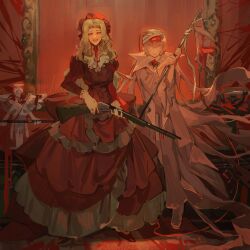 1boy 1girl bandaged_head bandages blonde_hair brown_hair classicaloid closed_mouth dress franz_liszt_(classicaloid) frederic_chopin_(classicaloid) full_body gun hat highres holding holding_gun holding_weapon intravenous_drip iv_stand juliet_sleeves long_hair long_sleeves looking_at_viewer octahooves open_mouth picture_frame puffy_sleeves red_dress red_footwear red_hat red_theme rifle statue weapon