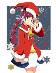 Rule 34 | 1girl, ahoge, bell, blue ribbon, border, braid, braided ponytail, chloe (pokemon), christmas, closed mouth, coat, commentary request, creatures (company), dress, eyelashes, game freak, green eyes, hand up, haruhi (xy161027z), hat, highres, long hair, long sleeves, looking at viewer, nintendo, outside border, pokemon, pokemon (anime), pokemon journeys, red coat, red hat, ribbon, santa hat, smile, snowflakes, solo, split mouth, white border, white dress