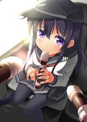 Rule 34 | 10s, 1girl, akatsuki (kancolle), bad id, bad pixiv id, bell (artist), bell (oppore coppore), black hair, car, car interior, flute, hat, highres, holding flute, holding instrument, instrument, kantai collection, long hair, looking at viewer, motor vehicle, music, neckerchief, pantyhose, playing instrument, purple eyes, recorder, saliva, school uniform, serafuku, sexually suggestive, solo, suggestive fluid, sunlight, tears, vehicle