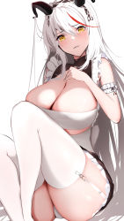 Rule 34 | 1girl, aegir (azur lane), aegir (iron blood&#039;s dragon maid) (azur lane), arm strap, azur lane, bare shoulders, blush, breasts, cleavage, garter straps, hand on own chest, highres, horns, itete, large breasts, long hair, looking at viewer, maid headdress, multicolored hair, red hair, simple background, sitting, smile, solo, streaked hair, thighhighs, thighs, white background, white hair, white thighhighs, yellow eyes
