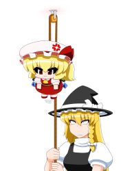 Rule 34 | &gt;:3, &gt;:|, 2girls, :3, :|, anger vein, ascot, black dress, blonde hair, braid, closed mouth, dress, female focus, flandre scarlet, hair ribbon, hanging, hat, hat ribbon, highres, kirisame marisa, long hair, multiple girls, pulley, pulling, red dress, red eyes, ribbon, rope, side ponytail, touhou, v-shaped eyebrows, wings, witch, witch hat, yamato damashi