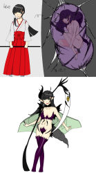 Rule 34 | before and after, black hair, cocoon, corruption, dark persona, highres, japanese clothes, long hair, miko, nude, scythe, staff, transformation, weapon