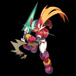 Rule 34 | 1boy, armor, black background, blonde hair, boots, commentary request, cropped jacket, crotch plate, energy sword, forehead jewel, full body, glint, glowing, green eyes, highres, hoketsu, jacket, long hair, looking at viewer, male focus, mega man (series), mega man zx, model zx (mega man), open clothes, open jacket, open mouth, power armor, red footwear, red jacket, simple background, solo, sword, teeth, upper teeth only, vent (mega man), weapon