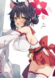 Rule 34 | 1girl, ?, ahoge, arched back, armpits, bare shoulders, black hair, blue archive, blush, breasts, commentary, cowboy shot, detached sleeves, extra ears, fang, flower, forehead, frilled skirt, frills, hair between eyes, hair flower, hair ornament, halo, highres, japanese clothes, kaede (blue archive), large breasts, leaning forward, long sleeves, looking at viewer, medium hair, miko, no bra, oppai loli, puffy nipples, red skirt, sagging breasts, sash, shadow, simple background, skin fang, skirt, solo, thighhighs, thighs, unacchi (nyusankin), white background, wide sleeves, yellow eyes