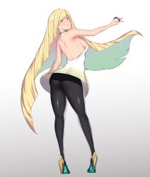 Rule 34 | 1girl, ass, aster crowley, blonde hair, breasts, creatures (company), dress, from behind, game freak, gradient background, green eyes, grey background, hair over one eye, high heels, highres, holding, holding poke ball, large breasts, long hair, looking at viewer, looking back, lusamine (pokemon), nintendo, pantyhose, poke ball, pokemon, pokemon sm, sideboob, smile, solo, standing, very long hair, white background