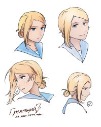 Rule 34 | 1girl, blonde hair, blue eyes, character name, commentary request, dated, emoticon, gremyashchy (ryan greythorn), hair bun, head, highres, looking at viewer, looking away, multiple views, original, personification, ryan greythorn, sailor collar, serious, shirt, simple background, single hair bun, smile, striped clothes, striped shirt, telnyashka, white background