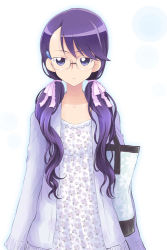 Rule 34 | 10s, 1girl, alternate hairstyle, dress, floral print, glasses, heartcatch precure!, hyuuga takashi, long hair, low twintails, precure, purple eyes, purple hair, solo, tsukikage yuri, twintails