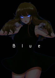Rule 34 | 1girl, black background, blue eyes, breasts, brown hair, character name, creatures (company), game freak, gloves, glowing, glowing eyes, green (pokemon), highres, long hair, looking at viewer, mokorei, nintendo, open mouth, pokemon, pokemon adventures, sleeveless, solo