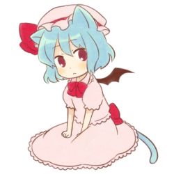 Rule 34 | 1girl, animal ears, bad id, bad pixiv id, bat wings, blue hair, cat ears, cat girl, cat tail, chibi, female focus, full body, hat, kemonomimi mode, lowres, red eyes, remilia scarlet, short hair, simple background, solo, tail, tamaki (209), touhou, white background, wings