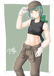 Rule 34 | 1girl, baseball cap, blunt bangs, bow, casual, character name, commentary request, crop top, gloves, green eyes, green hair, hair bow, hand on headwear, hand on own hip, hat, highres, kantai collection, looking at viewer, low ponytail, navel, niwatazumi, overalls, sidelocks, smile, solo, translation request, yuubari (kancolle)